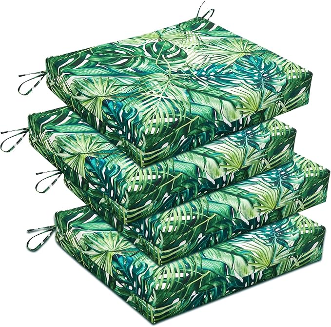 downluxe Outdoor Chair Cushions Set of 4 for Patio Furniture, Water-Resistant Square Corner Patio Chair Cushions with Ties, High Density Foam Outdoor Seat Cushion, 18.5" X 16" X 3", Palm Leaves