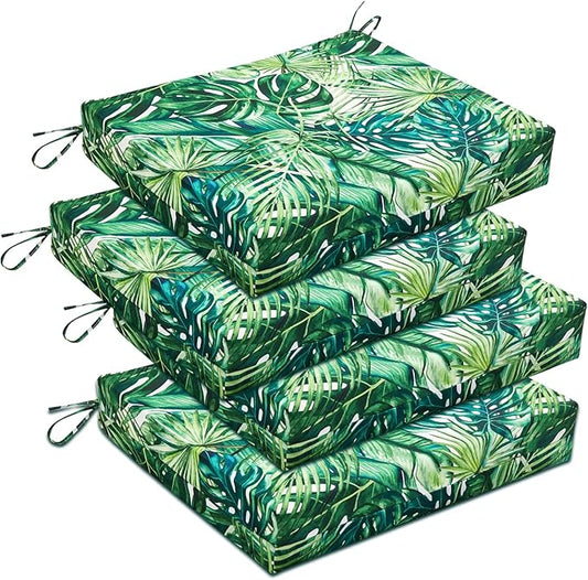 downluxe Outdoor Chair Cushions Set of 4 for Patio Furniture, Water-Resistant Square Corner Patio Chair Cushions with Ties, High Density Foam Outdoor Seat Cushion, 18.5" X 16" X 3", Palm Leaves