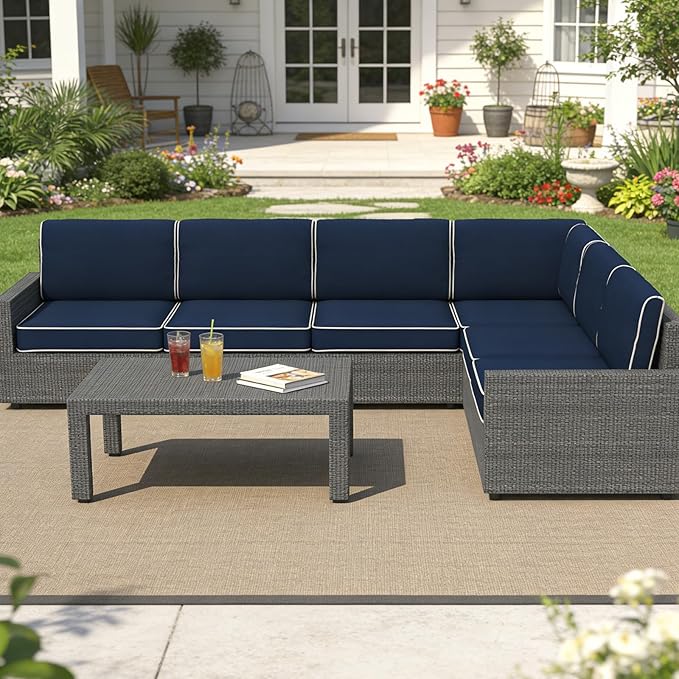 14 Pcs Outdoor Replacement Cushions for Patio Furniture, All Weather Water Resistant Cushion for 6 Seat Rattan Wicker Sectional Patio Conversation Sets and Couch Navy Blue(White Piping)