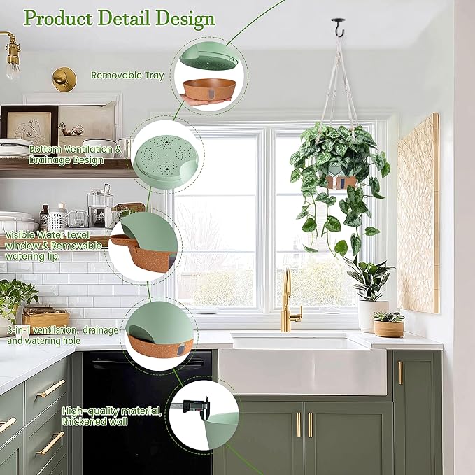 10 Inch Hanging Planters for Indoor Plants, 2 Pack Self Watering Hanging Baskets Flower Pots with Drainage Hole, Visual Reservoir & 2 Kinds of Plant Hanger for Outdoor Garden Home Decor