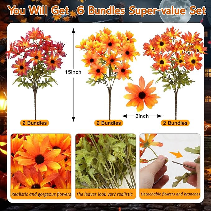 6 Bundles Halloween Flowers Artificial for Decoration, Faux Mums for Outdoor Planters,UV Resistant Chrysanthemum Flowers Fall Decor for Home Garden Patio Front Door Porch(Mixed Color)