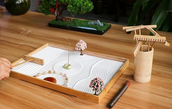 Zen Garden Rake Tool Accessories - Japanese Sand Zen Bamboo Rakes Tools Set, Office Relaxation Gifts with Healing Stones Zen Garden Decor for Man Woman Father Mother Birthday Gifts