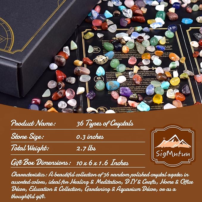 Polished Healing Crystal Chips Stones Set, 36 Different Natural Gemstone Types, 2.5 lbs 0.3" Tumbled Decorative Rocks Collection for Chakra, Meditation, Reiki, Crafts