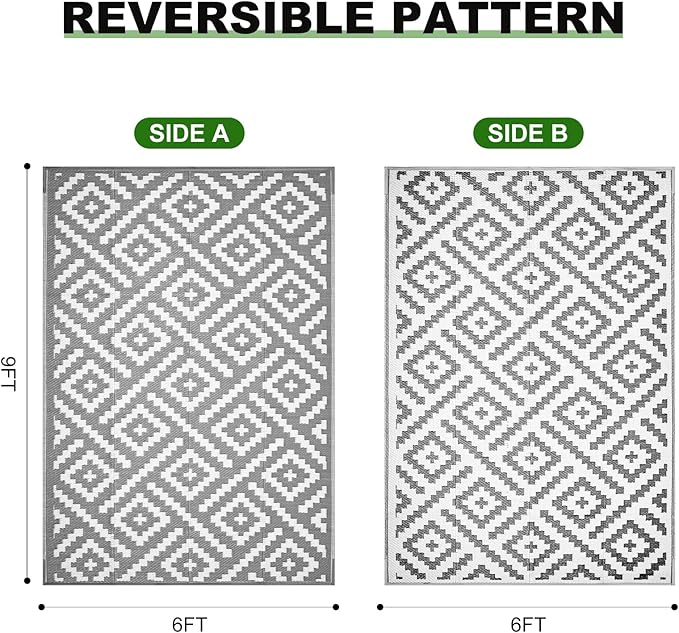 RURALITY Outdoor Rugs 6x9 Feet for Patios Clearance,Plastic Straw Waterproof Mats for Backyard,Porch,Deck,Balcony,Grey&White