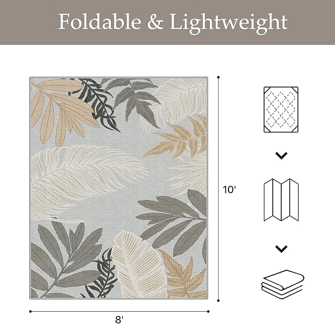 GENIMO Outdoor & Indoor Area Rug 8'x10', Waterproof, Non-Shedding, Easy Cleaning, Leaf Mat for Patio, Living Room, Balcony, Dining Room, RV, Deck, Bedroom, Camping, Outside Carpet, Sand Grey