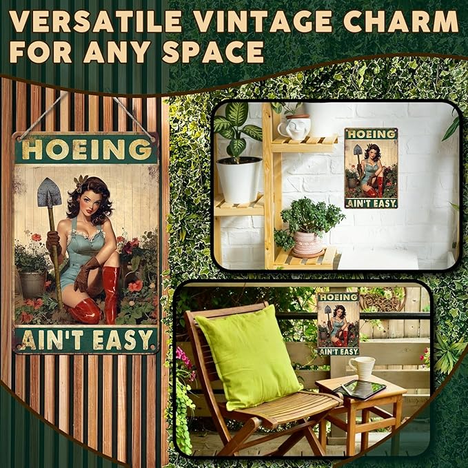 PEACHGARDEN Funny Garden Metal Sign - "Hoeing Ain't Easy" Vintage Pin-Up Wall Decor - Aluminum Yard Art for Patio, Backyard & Greenhouse - 8x12 Inch