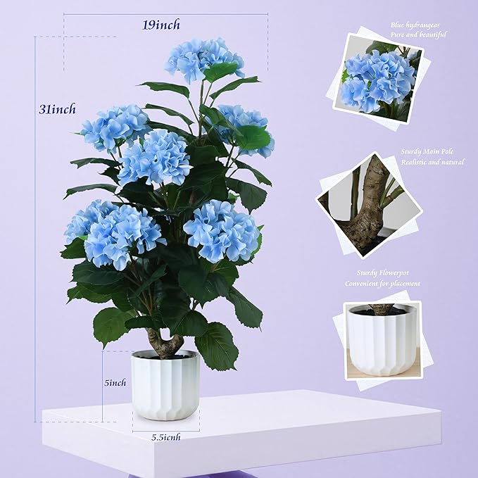 31" Large Artificial Blue Hydrangea Floor Plant, Realistic Faux Silk Floral Arrangement in Black Pot, UV Resistant Tall Outdoor Decorative Flowers for Porch, Patio, Office & Home Entrance