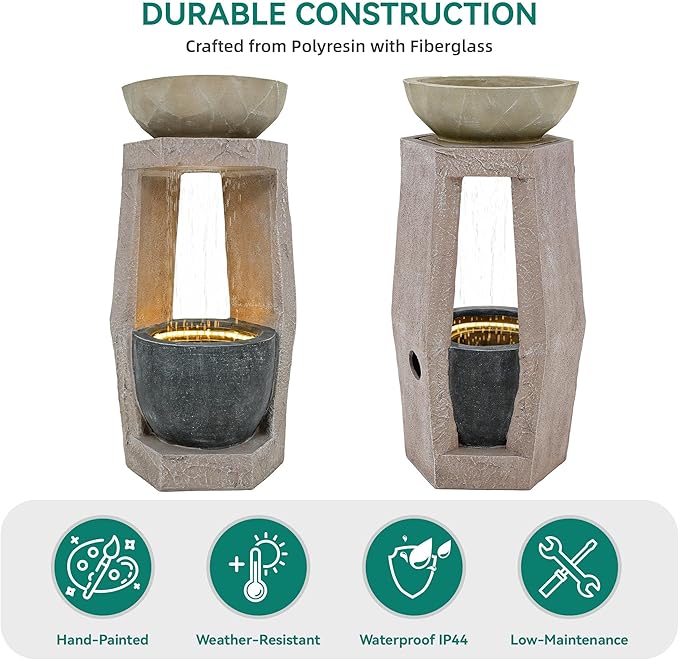 32" Outdoor Fountain, Modern Geometric Two Bowls Water Feature with LED Lights, Resin Soothing Cascading Waterfall for Patio, Backyard, Garden or Porch