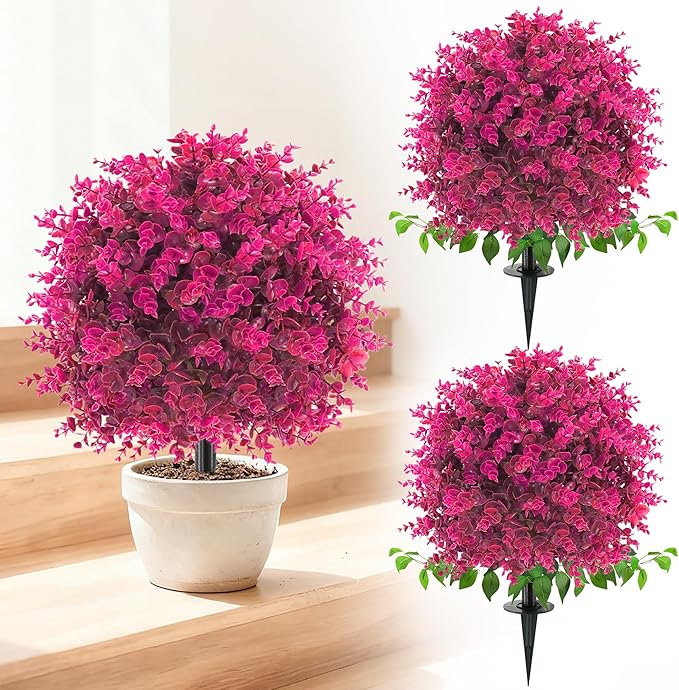 Artificial Topiary Tree with Eucalyptus, Set of 2 UV Resistant Fake Evergreen Shrubs with Ground Spike for Porch, Artificial Plants for Outdoor Indoor Garden Planters, Lifelike Decor