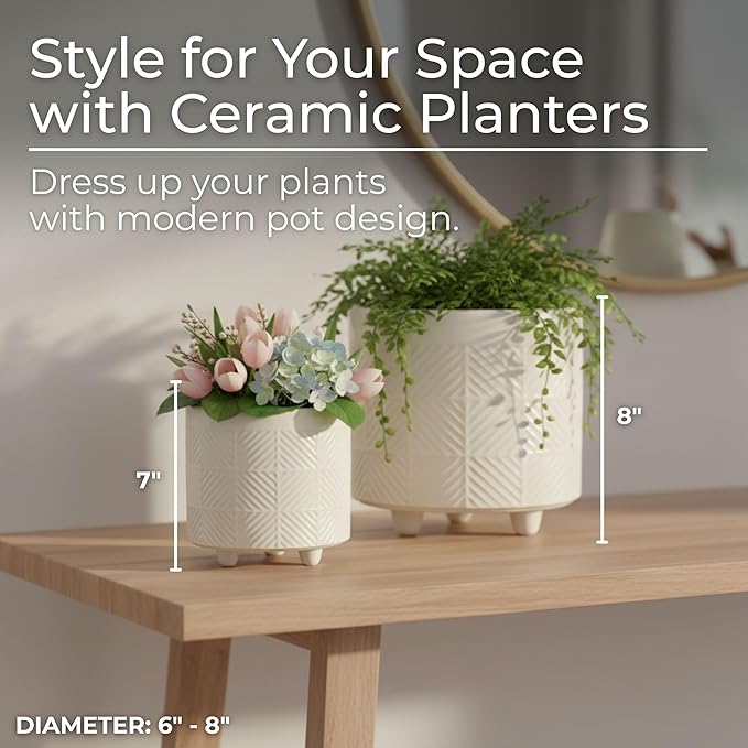 Set of 2 Ceramic Planter Pots – Indoor Planters for Plants, Patio Or Garden Outdoor Decor, Sculpted Petal Design – Home Decor, Ceramic Planters, Outdoor Planter – 8" & 7", White