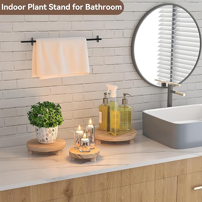 3 Pcs Wood Plant Stand Indoor Outdoor, Wooden Stool Display Stand 6/8/10" Round Riser Flower Pot Holder Small Planter Tray Modern Potter Decorative for Garden Desktop Home Table Counter Room, Natural