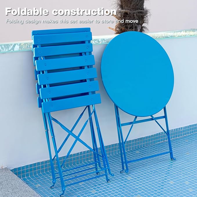 3 Piece Bistro Set, Folding Patio Furniture Set, Outdoor Table and Chairs Set for Patio, Garden, Balcony and Poolside, Blue