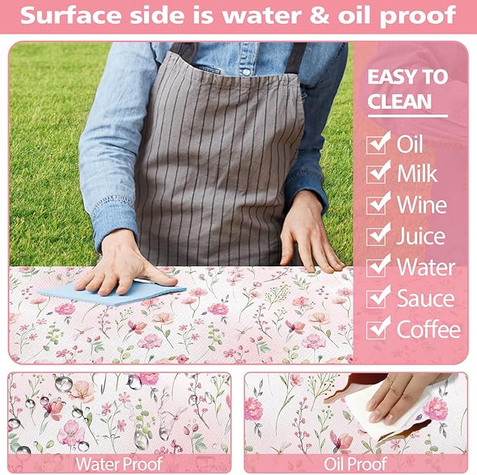 3PCS Picnic Table Cover with Bench Cover Cute Pink Floral Print Camping Tablecloth Fitted Picnic Picnic Table Cover with Elastic Windproof Waterproof, Outdoor & Garden Camping Accessories 60IN
