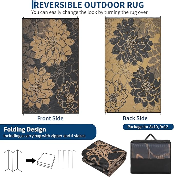COZYLOOM Outdoor Patio Rug 9x12 Waterproof Outdoor Plastic Straw Rug, UV Resistant Reversible RV Camping Mat with Portable Bag & 4 Stakes, Modern Flower Carpet for Balcony Deck Yard, Black&Brown