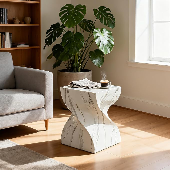 14.37" Cement End Tables for Patio,Faux Terrazzo Modern Small Squre Side Accent Table,Tree Stump Garden Stool Drum Indoor and Outdoor,Marble