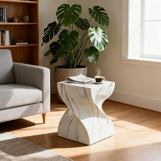 14.37" Cement End Tables for Patio,Faux Terrazzo Modern Small Squre Side Accent Table,Tree Stump Garden Stool Drum Indoor and Outdoor,Marble