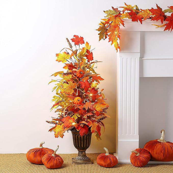 Glitzhome 2 Pcs Fall Maple Trees with Lights & Timer, 36''H Lighted Artificial Urn Potted Porch Tree with 20 Warm White LEDs, Decorative Fall Front Door Trees for Outdoor Indoor Porch Entryway