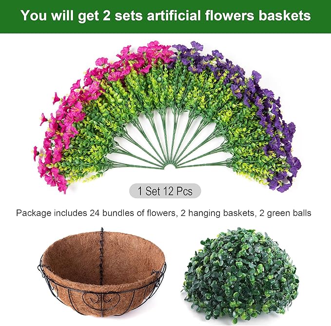 Ivydale 2 Set Artificial Flowers Hanging Baskets for Outdoors Fake Spring Plants, 24 Pcs UV Resistant Faux Silk Morning Glory with 2 Hanging Planters Look Real for Outside Porch Patio Outdoor Decor