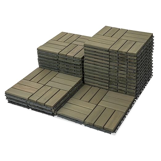 Acacia Wood Flooring Interlocking Deck Tiles for Patio Decor 27 Pcs 12 Slats VR Muted Green - Waterproof Indoor & Outdoor Decor - Balcony Garden Decking Tile (12.2 * 12.2 * 0.7 inches)