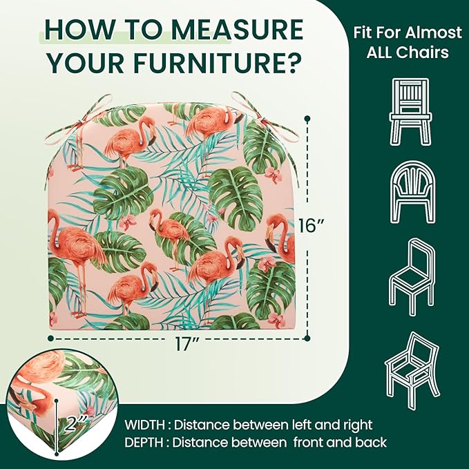 HARBOREST Outdoor Chair Cushions Set of 6, Water Resistant Patio Chair Cushions with Ties, Outdoor Seat Cushions for Patio Furniture, 17"x16"x2", Flamingo