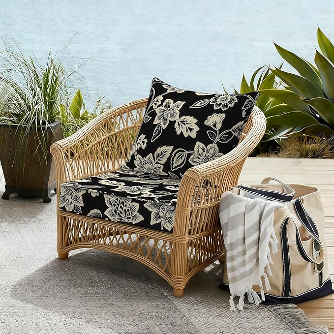 Outdoor Deep Seat Cushion Set, Water Repellent 22"x22" Patio Thick Cushions Replacement with Seat & Back Pillow for Patio Sofa, Wicker Chair, Couch - Vines Black