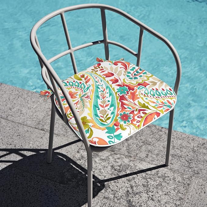 Outdoor Chair Cushions Set of 2, Water Resistant Patio Chair Pads with Ties, Seat Cushions for Home Garden Furniture Decoration, 16"x17", Pretty Paisley