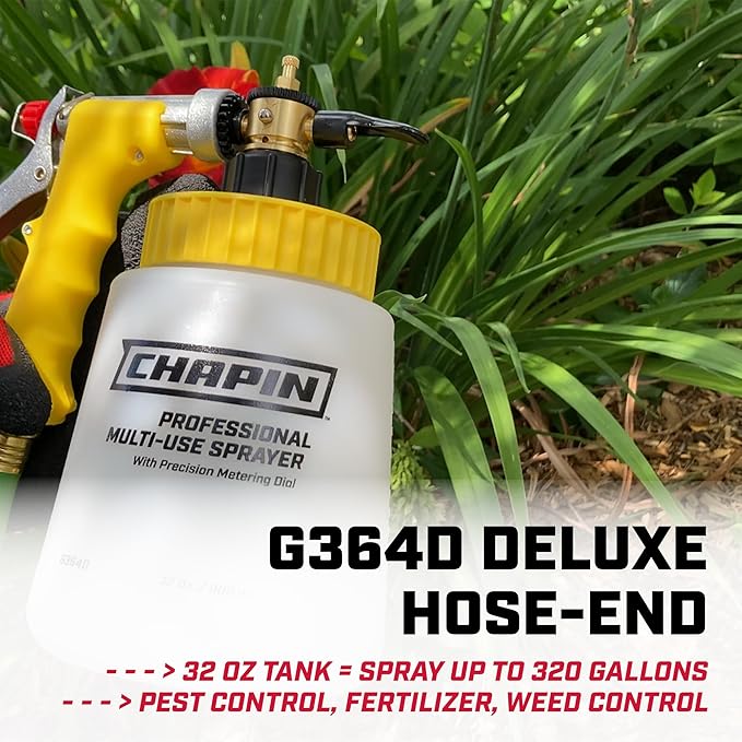 Chapin G364D Made in The USA 32 Ounce Professional Lawn and Garden Hose-End Sprayer with 16 Mixing Rations on The Metering Dial, Built-in Anti-Siphon, Translucent White