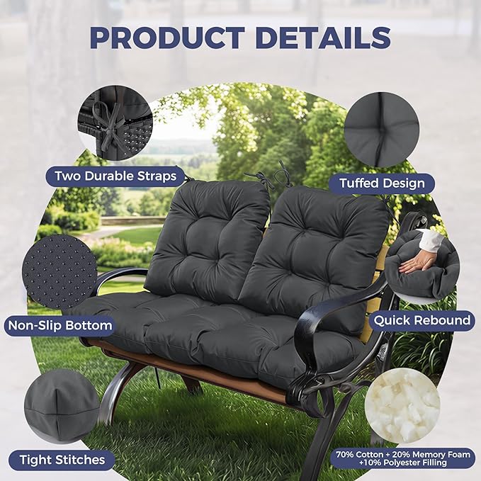 Wicker Chair Cushions of 3 Pieces, Waterproof Cushions for Patio Furniture, Tufted Wicker Outdoor Furniture Cushions, 1 Patio Loveseat Cushion and 2 U-Shaped Cushions, 44"x19"x5", Dark Grey