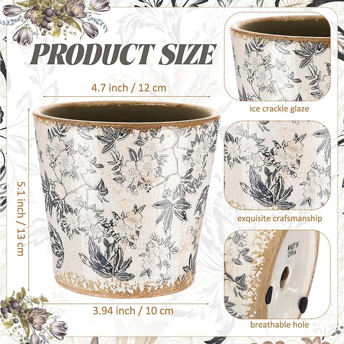 Farmhouse Ceramic Planter 5.5 Inch Large Plants Pot Crack Beige Gray Flowers Plant Pots with Drainage Hole Indoor Plants Kitchen Rustic Antique Decor Gift