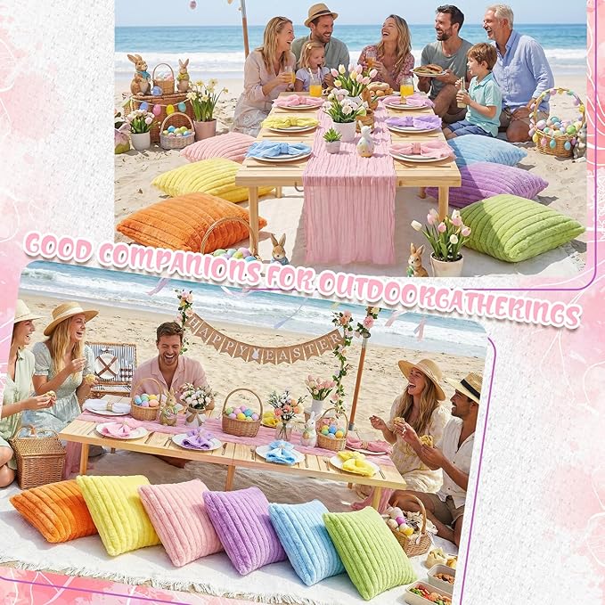 91 x 71 Extra Large Outdoor Boho Picnic Blanket with Pastel Table Runner, 6 Throw Pillow Covers 6 Napkins Woven Cotton Yarn Oversize Beach Blanket Washable Picnic Camp Wedding