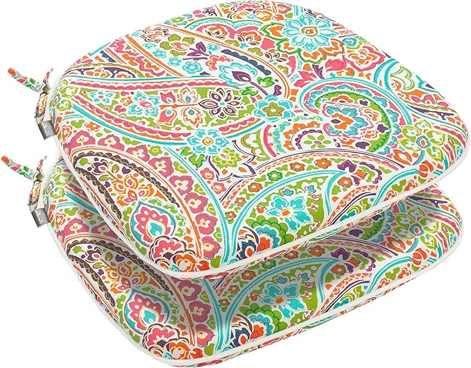 FUNHOME Outdoor Chair Cushions Set of 2, Water-Repellent Patio Seat Cushions D16xW17 Inch, Round Corner Patio Chair Pads with Tie, Seat Cushions for Furniture Garden Office Decoration, Melora Paisley