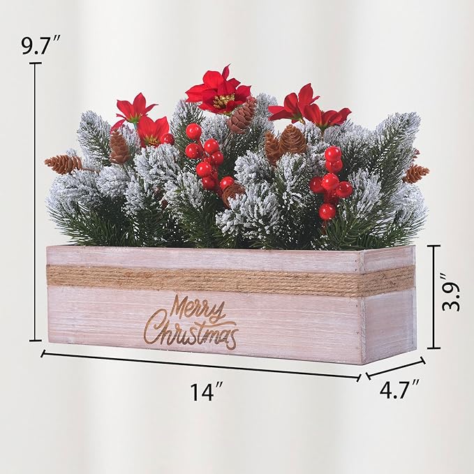 SVENJBB Christmas Table Centerpiece Decorations with Red Poinsettias, Snowy Norfolk Pine, Berries & Pine Cones in Wooden Box with “Merry-Christmas” Printing