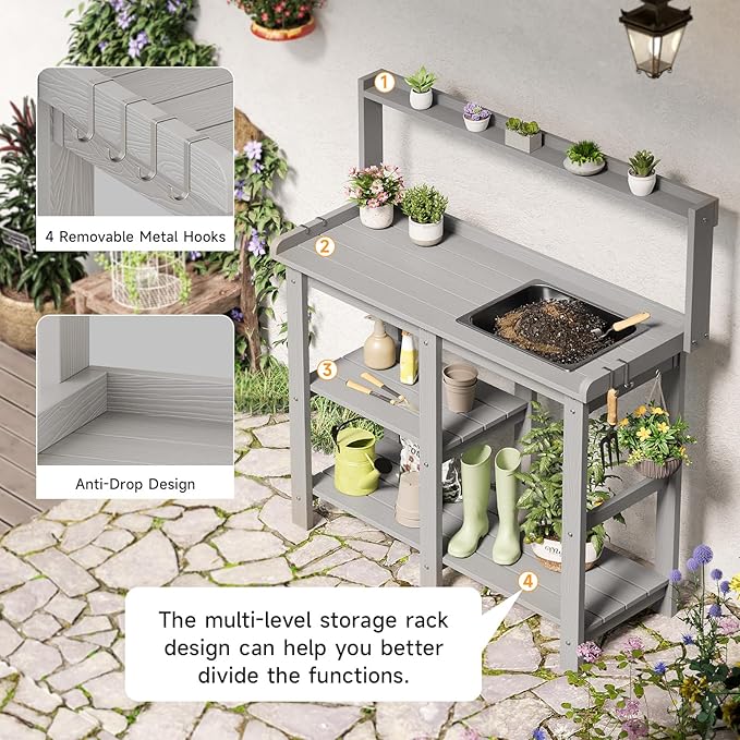 ONBRILL Potting Bench, Outdoor Potting Bench Table with Removable Sink, HDPS Potting Benches for Outside, Garden Table with Storage Shelves & 4 Side Hooks, No Rot, No Fade, No Break, 360lbs Capacity