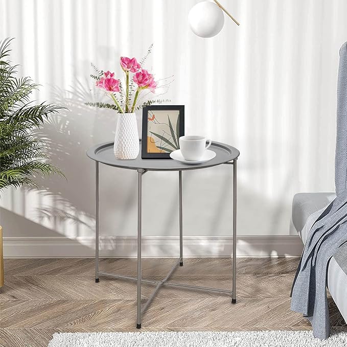 Garden 4 you End Table Metal Side Table Grey Round Folding Tray Cyan Sofa Small Accent Fold-able Table, Round End Table Tray, Next to Sofa Table, Snack Table for Living Room and Bed Room