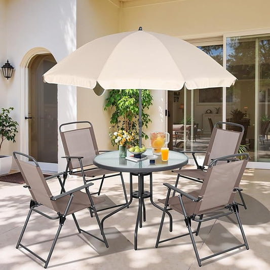 Vongrasig 6 Pieces Folding Patio Dining Set, All Weather Small Metal Outdoor Table and Chairs Set, Patio Furniture Set w/Umbrella, Glass Table & 4 Folding Chairs for Garden, Lawn, Backyard, Brown
