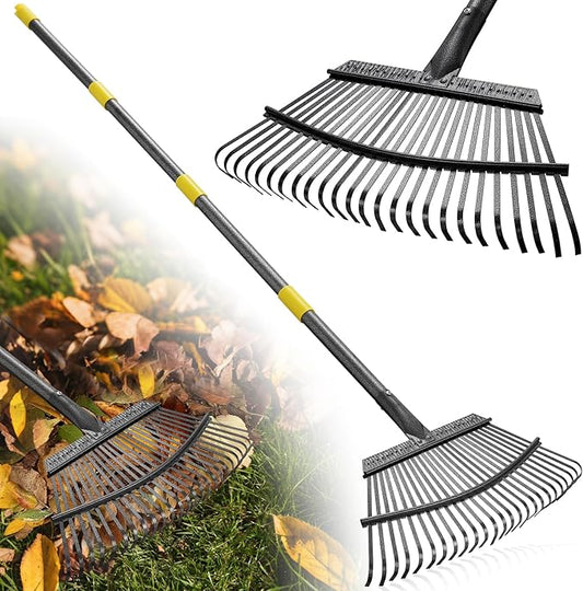 Garden Rake for Leaves: 18” Wide Metal Leaf Rake, 65” Long Adjustable Handle, Heavy Duty 25 Teeth, Fast Kids Women Large Lawn Yard Garden Leaf Cleanup Gardening Rakes: Grass,Debris,Pine Needles Pick