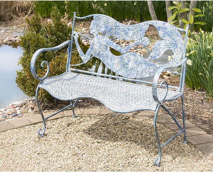 Evergreen Garden Mermaid Garden Bench Outdoors & Indoors | Cast Iron Metal Patio Bench | Outdoor Seating Furniture | Seats for Park, Porch, Deck, Yard