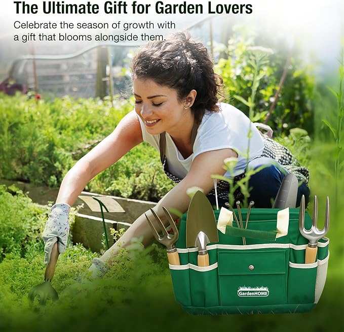 GardenHOME 7-Piece Green Gardening Tool Set – Stainless Steel Tools with Wooden Handles, Folding Stool & Canvas Tote, Durable Garden Kit for Women and Beginners