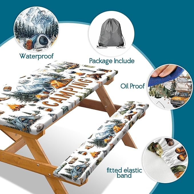 Picnic Table Cover with Bench Covers Camping Tablecloth Fitted Picnic Picnic Table Cover with Elastic Windproof Waterproof, Outdoor & Garden Camping Accessories Essentials 60In 3PCS