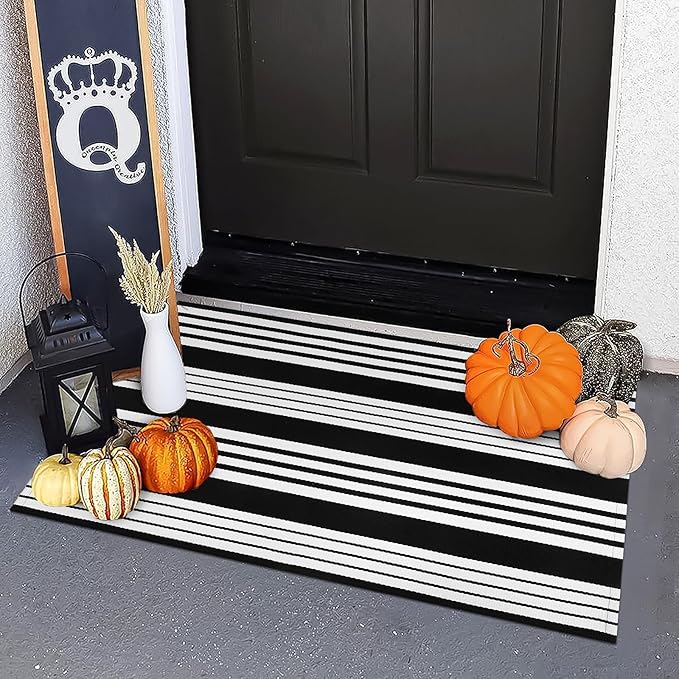 OJIA Front Door Mat 24"x35" Black and White Outdoor Rugs Front Door Rug Washable Entryway Rug Cotton Hand Woven Indoor Outdoor Doormat Small Area Rugs Layered Doormat for Porch/Home Entrance Decor