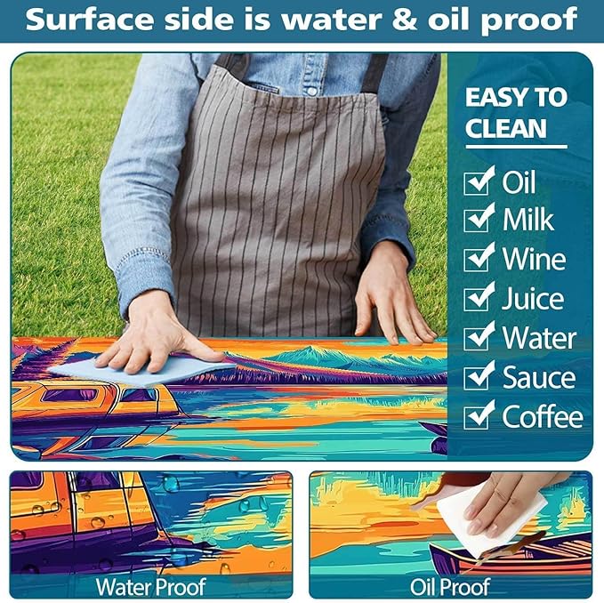 3PCS Picnic Table Cover with Bench Cover Forest Landscape Tent Boat Pattern Camping Tablecloth Fitted Picnic Table Cover with Elastic Windproof Waterproof, Outdoor & Garden Camping Accessories 96IN