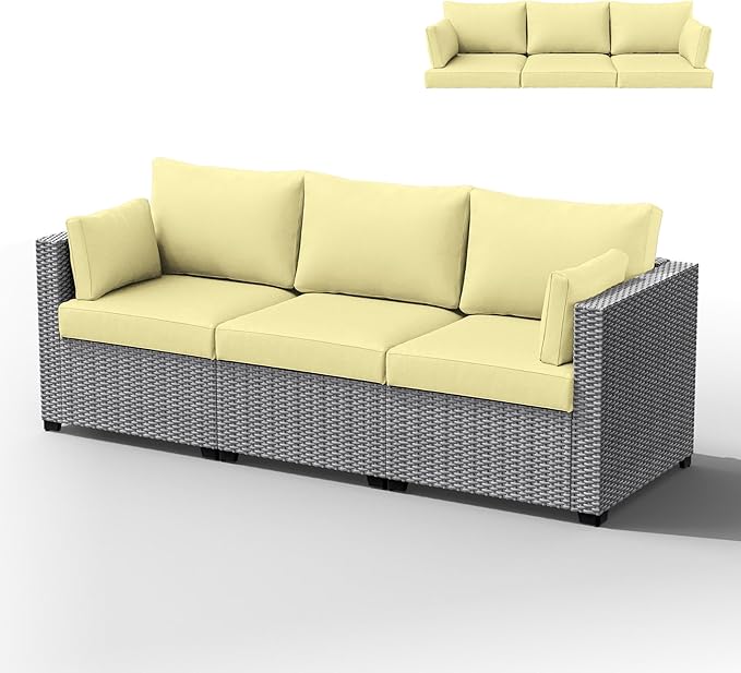 Outdoor Furniture Replacement Cushions, Waterproof Patio Furniture Cushions, 4" Deep Seat Outdoor Sectional Cushion for 3-Seat Outdoors Rattan Sofa Patio Sofa Cushion, Light Yellow