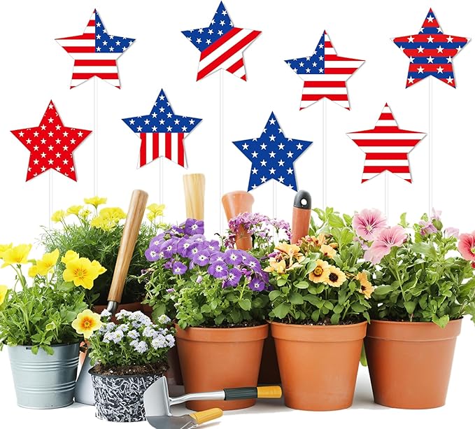 JarThenaAMCS 9Pcs Patriotic Star Metal Planter Stakes 4th of July Decorative Garden Stakes Star and Stripes Yard Sign for Planter Pot Walkway Lawn Independence Decor