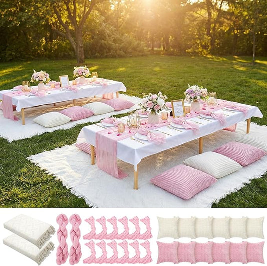 91 x 71 Extra Large Outdoor Boho Picnic Blanket with Pink Table Runner, 12 Throw Pillow Covers 12 Napkins Woven Cotton Yarn Oversize Beach Blanket Washable Picnic Camp Wedding