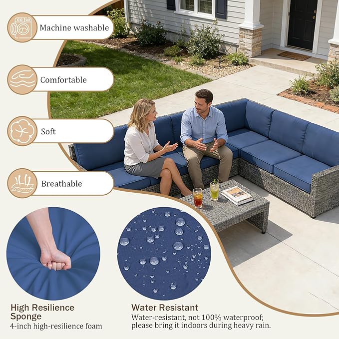 14 Pcs Outdoor Replacement Cushions for Patio Furniture, All Weather Water Resistant Cushion for 6 Seat Rattan Wicker Sectional Patio Conversation Sets and Couch (Light Blue)