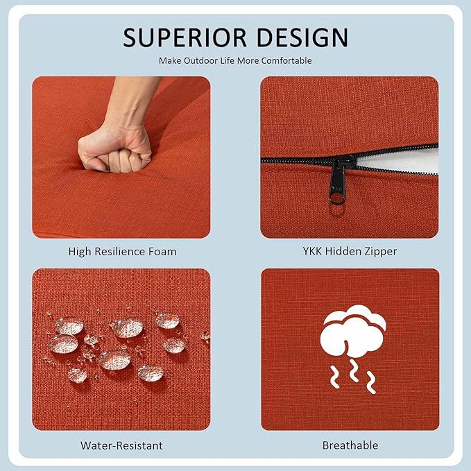 21.5x25.5 Inch Outdoor Deep Seat Cushions Set of 2,Thick High-Density Foam, Water-Resistant, Piped Edges & YKK Hidden Zipper for Patio Furniture,Quarry Red