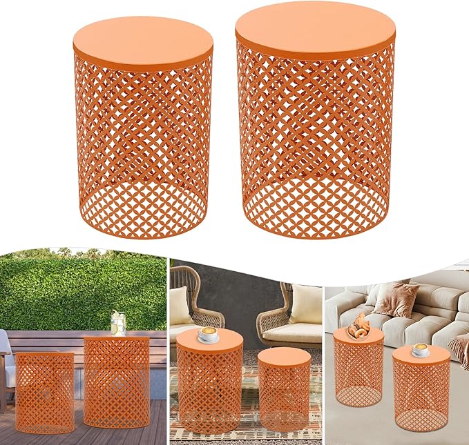 2PCS Outdoor Side Table, Heavy Duty Metal Frame Side Table Decorative Garden Stool Modern End Table Round Coffee Table for Patio Gardens Balconies Cafes (Orange)