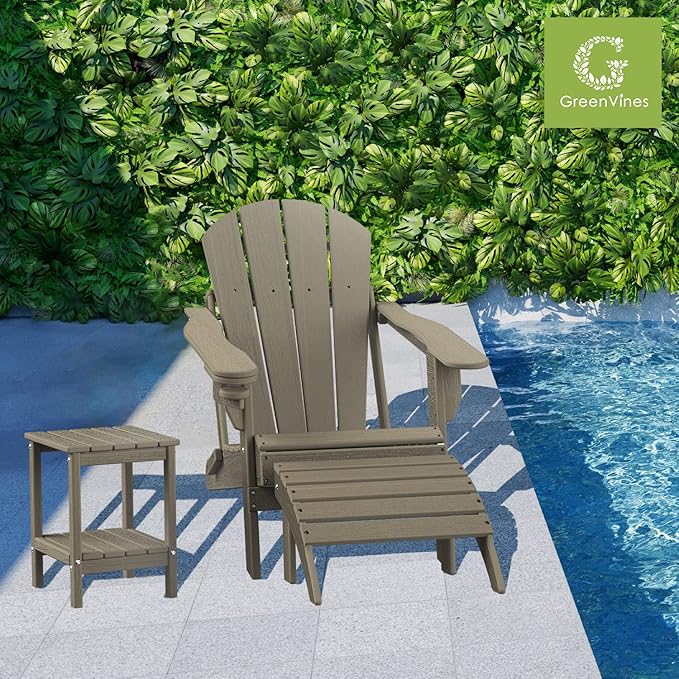GREENVINES Folding-Adirondack-Chair-Set-of-4 | Wood Grain | HDPE Plastic | Fire Pit Chairs | All Weather | Cup Holder | Desert Brown | for Deck Backyard Patio Outdoor