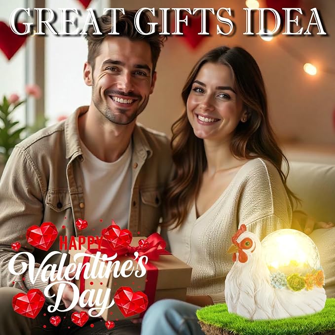 Solar Hen Garden Statue Lights for Outdoor Decor with Cracked Glass LED Ball Figurine Lighting Resin Succulent White Chicken Decorations for Patio Lawn Yard Valentine Gifts for Mom Wowen