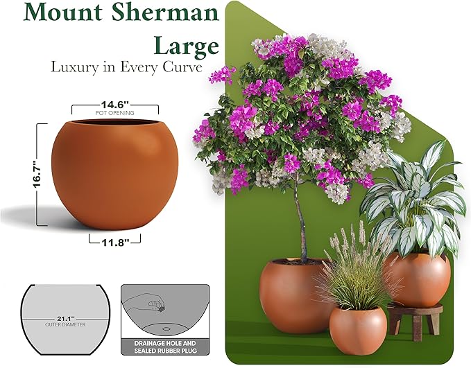 DTY Mount Sherman 21.1'' D x 16.7'' H (Pot Opening 14.6") Fiberstone Round Planter with Drainage Hole, Smooth Finishes, Weather Resistant for Indoor and Outdoor, 2 Extra Coco Mats - Terracotta, Large
